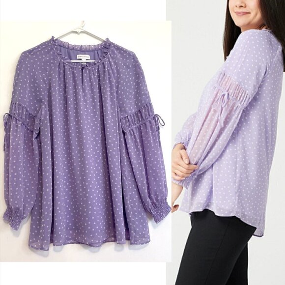 SUSAN GRAVER Printed Sheer Chiffon Raglan Sleeve Peasant Top Lilac Lavender Boho - Picture 1 of 13